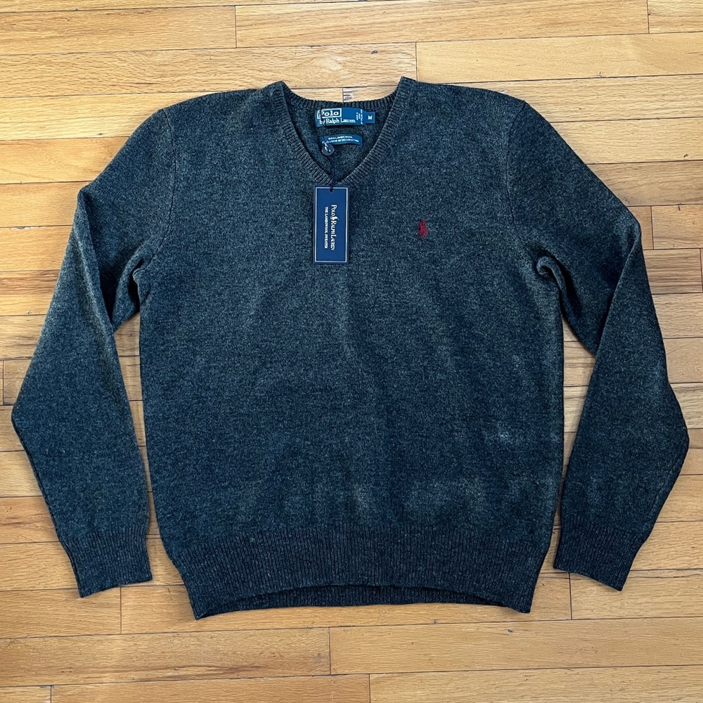 NWT Polo Ralph Lauren Dark Gray Lambswool Sweater Italian V Neck New Preppy Logo